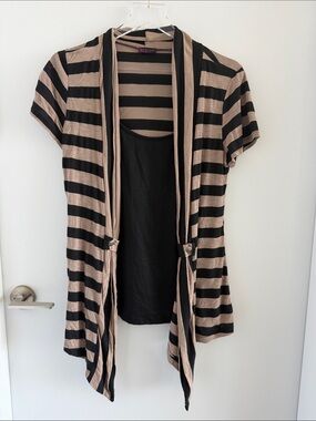 Agenda - Striped Black and Tan Layered Open Cardigan Top